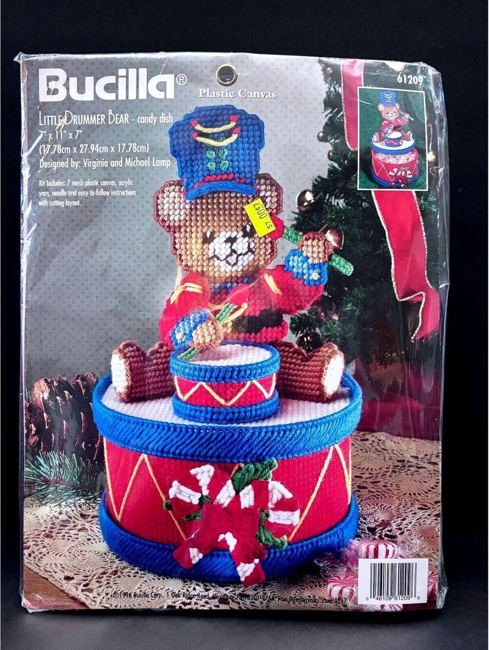 Vintage 1996 Bucilla Little Drummer Bear Candy Dish Plastic Canvas Kit 61209 NOS
